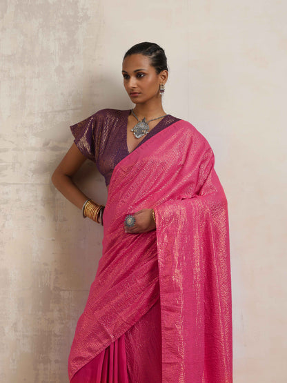 trueBrowns Pink Gold Metallic Ready To Wear Saree - Distacart