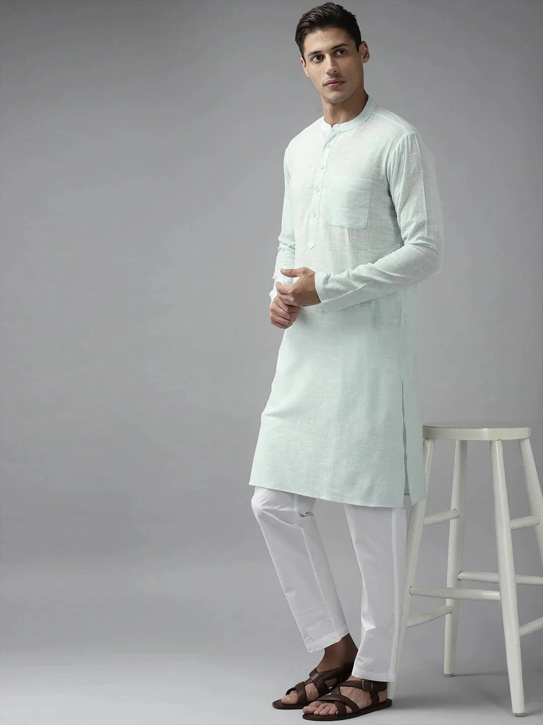 Fabmade Men Sky Blue Cotton Linen Straight Kurta