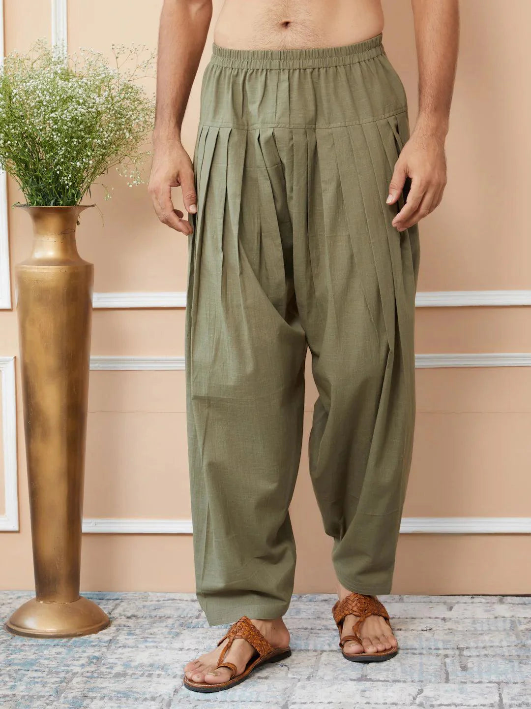 Fabmade Olive Cotton Linen Pathani Kurta With Salwar