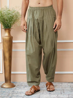 Thumbnail for Fabmade Olive Cotton Linen Pathani Kurta With Salwar