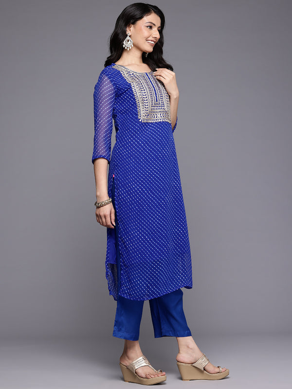 Varanga Women Navy Blue Bandhani Zari Emboridered Kurta Set With Dupatta - Distacart