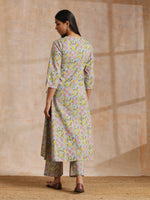 Thumbnail for trueBrowns Grey Overall Floral Block Print Cotton Angrakha Kurta Pant Set - Distacart
