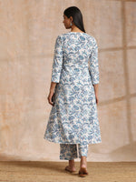 Thumbnail for trueBrowns White With Overall Blue Print Cotton Angrakha Kurta Pant Set - Distacart