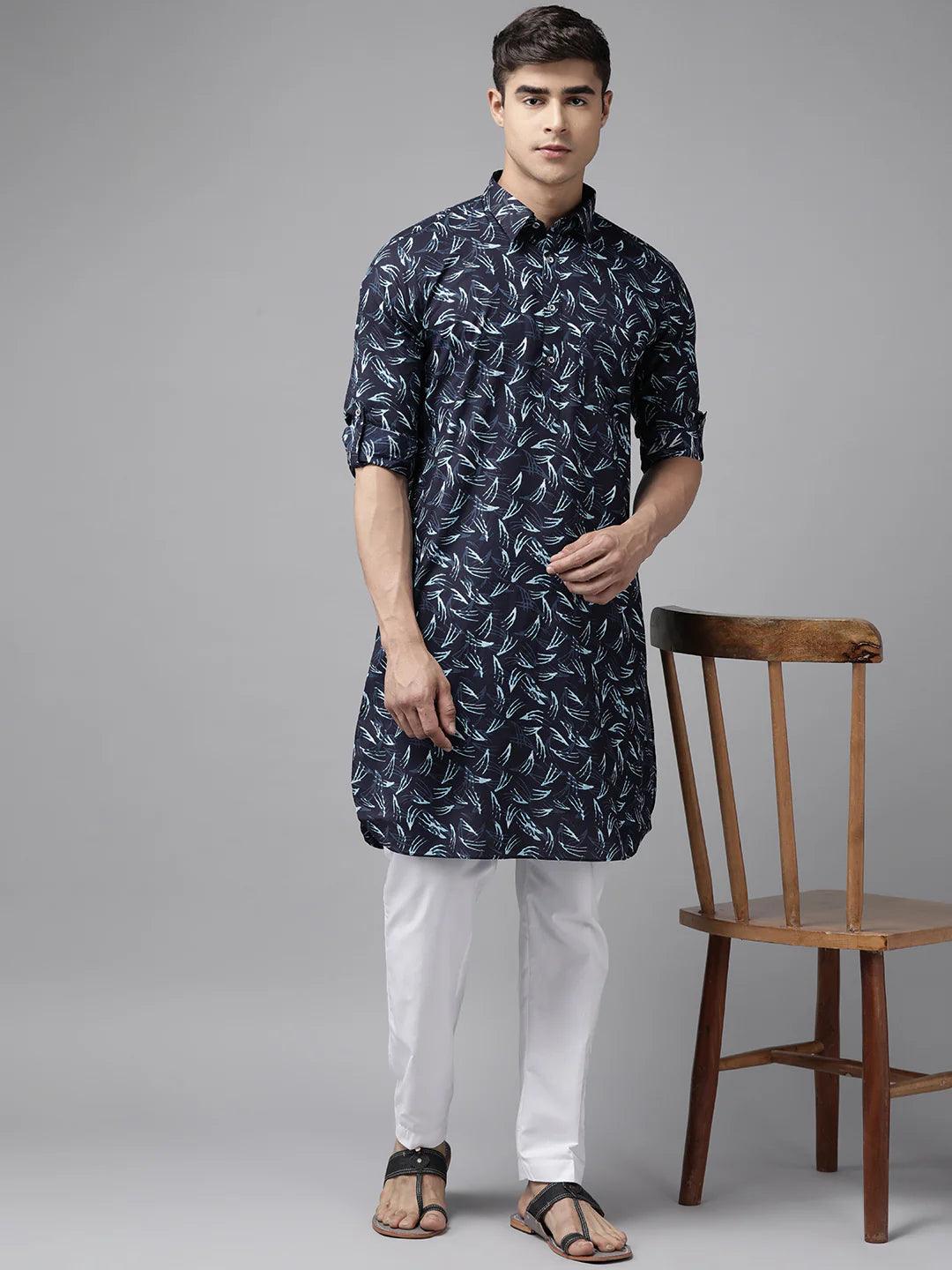 Fabmade Pure Cotton Pathani Kurta Print With Pyjama - Distacart