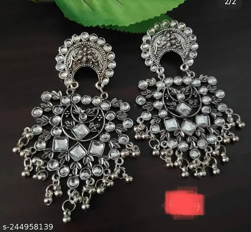 Tehzeeb Creations Women's Silver Colour Oxidised Earrings With Kundan - Distacart