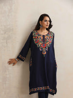 Thumbnail for trueBrowns Blue Kashmiri Floral Embroidered Woollen Phiran Kurta - Distacart