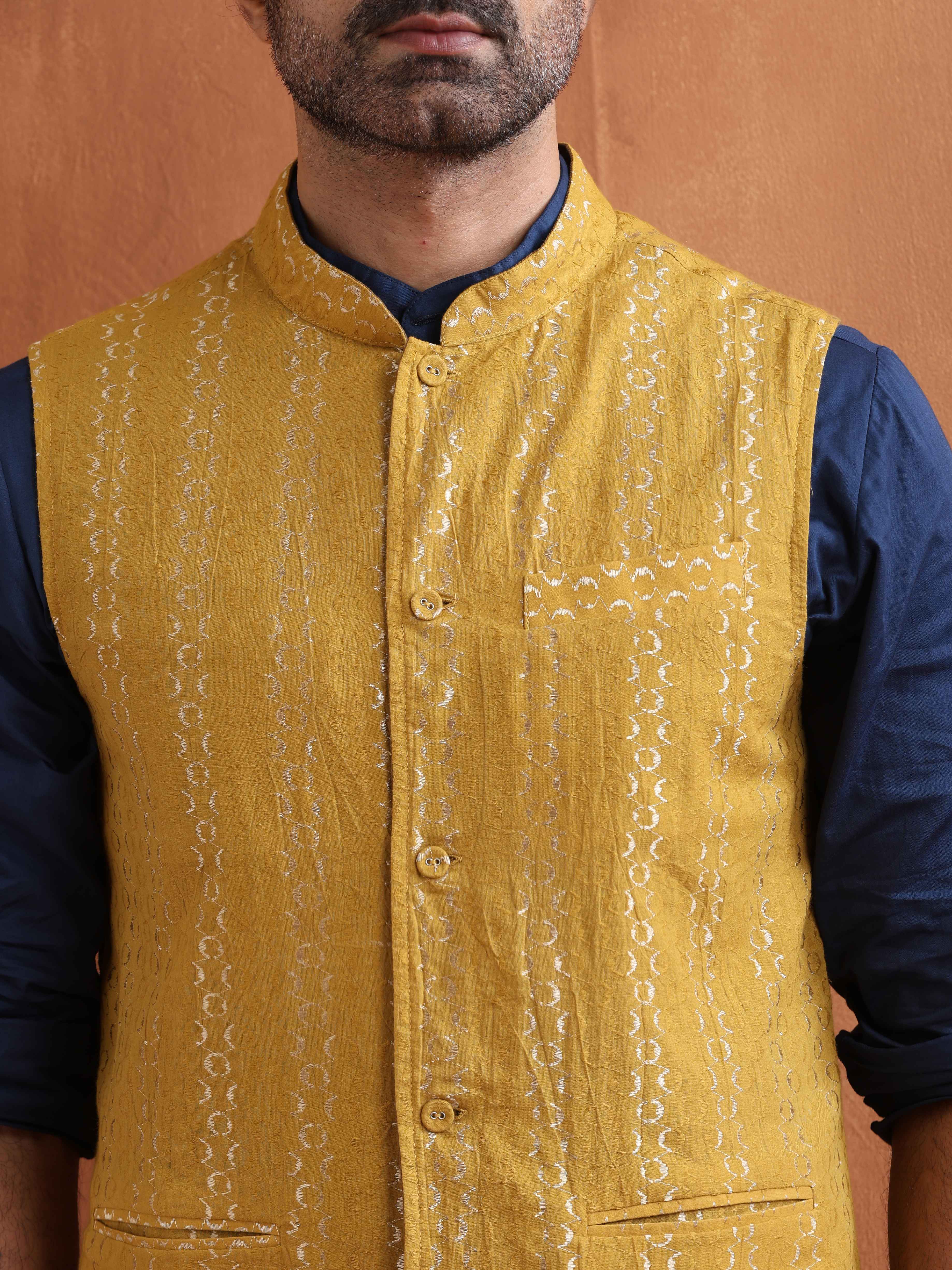 trueBrowns Men's Mustard Cotton Dobby Reversible Nehru Jacket