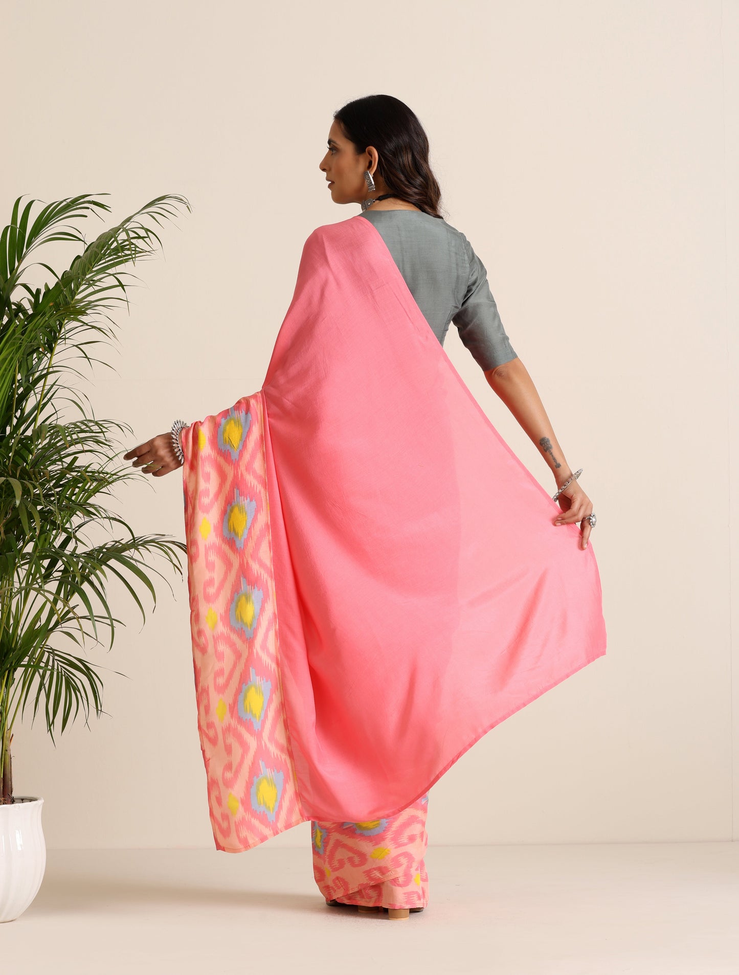 trueBrowns Pink Lime Muslin Ikat Saree - Distacart