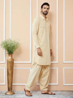 Thumbnail for Fabmade Beige Cotton Linen Pathani Kurta With Salwar