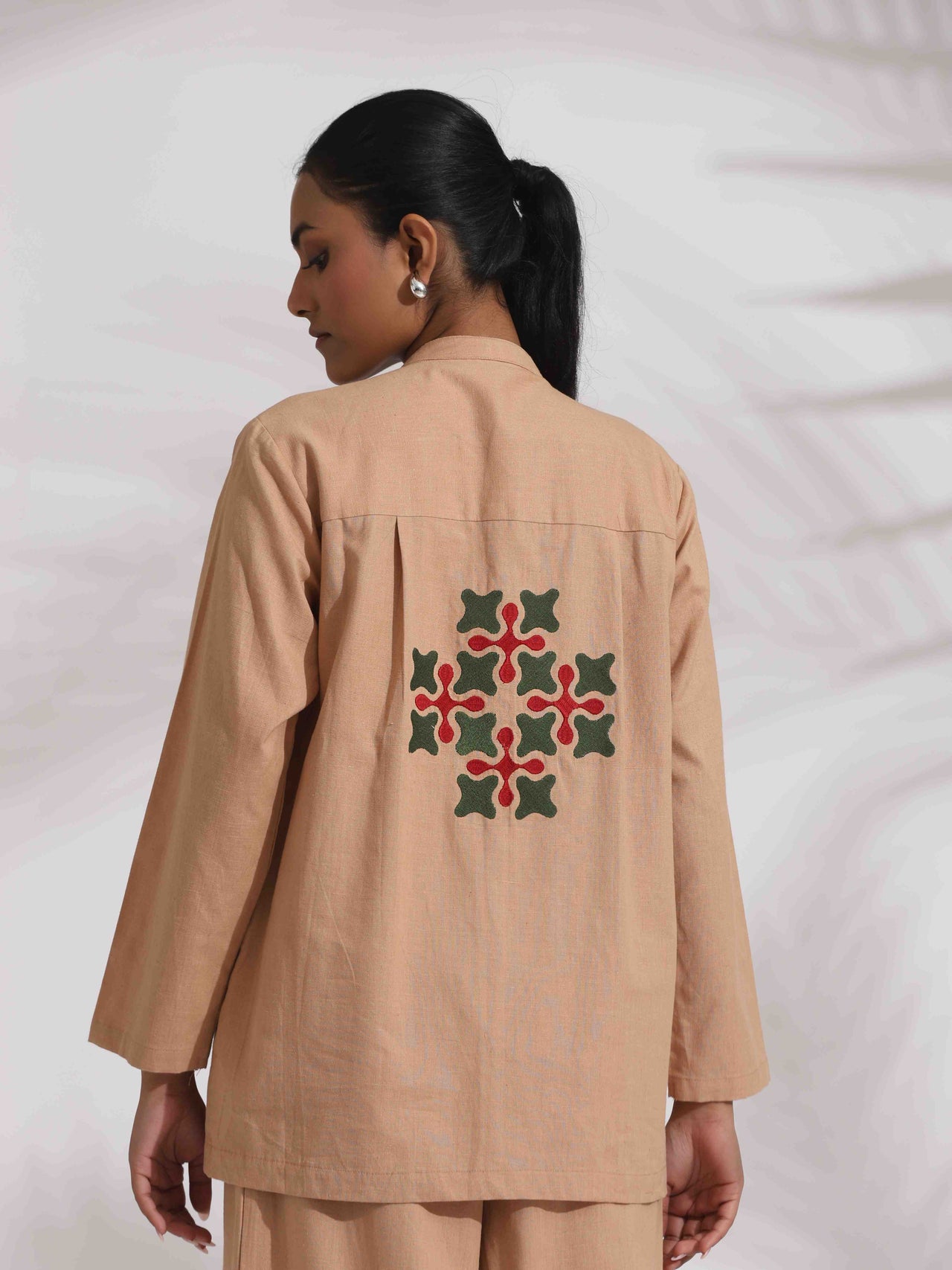 trueBrowns Beige Cotton Embroidered Shirt Top Co-ord Set