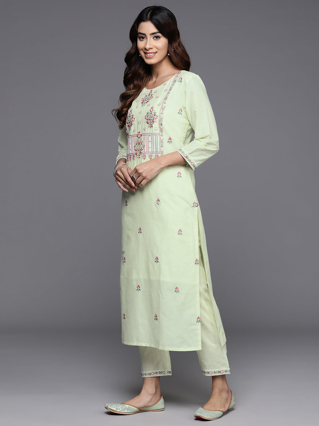 Varanga Women Green Thread And Sequins Embroidered Kurta With Tonal Bottom And Dupatta - Distacart