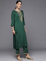 Thumbnail for Varanga Green Embroidered Kurta With Embroidered Trouser And Ombre Dupatta - Distacart