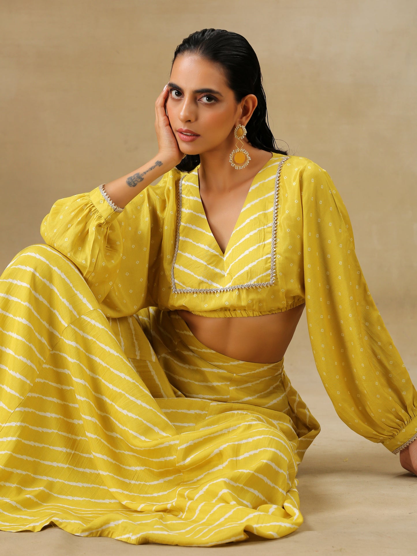 trueBrowns Lime Green Bandhani Printed Silk Top Skirt Set - Distacart