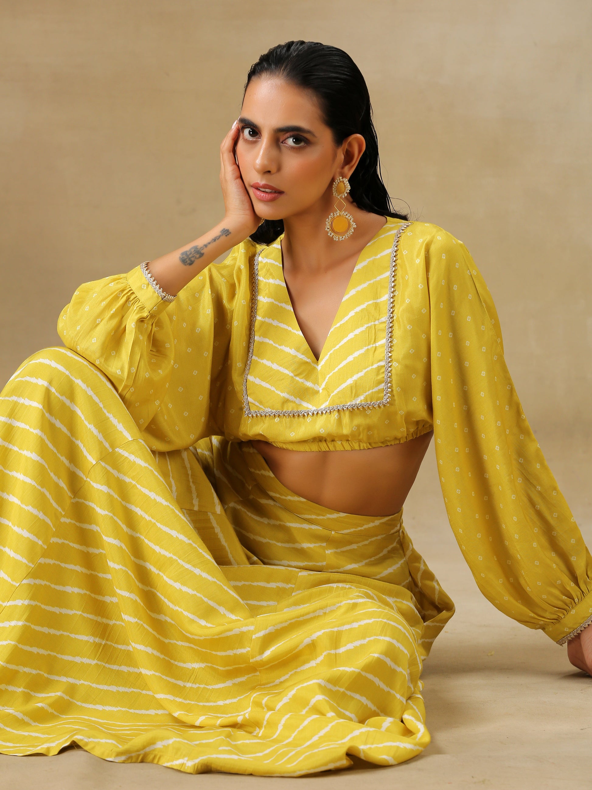 trueBrowns Lime Green Bandhani Printed Silk Top Skirt Set - Distacart
