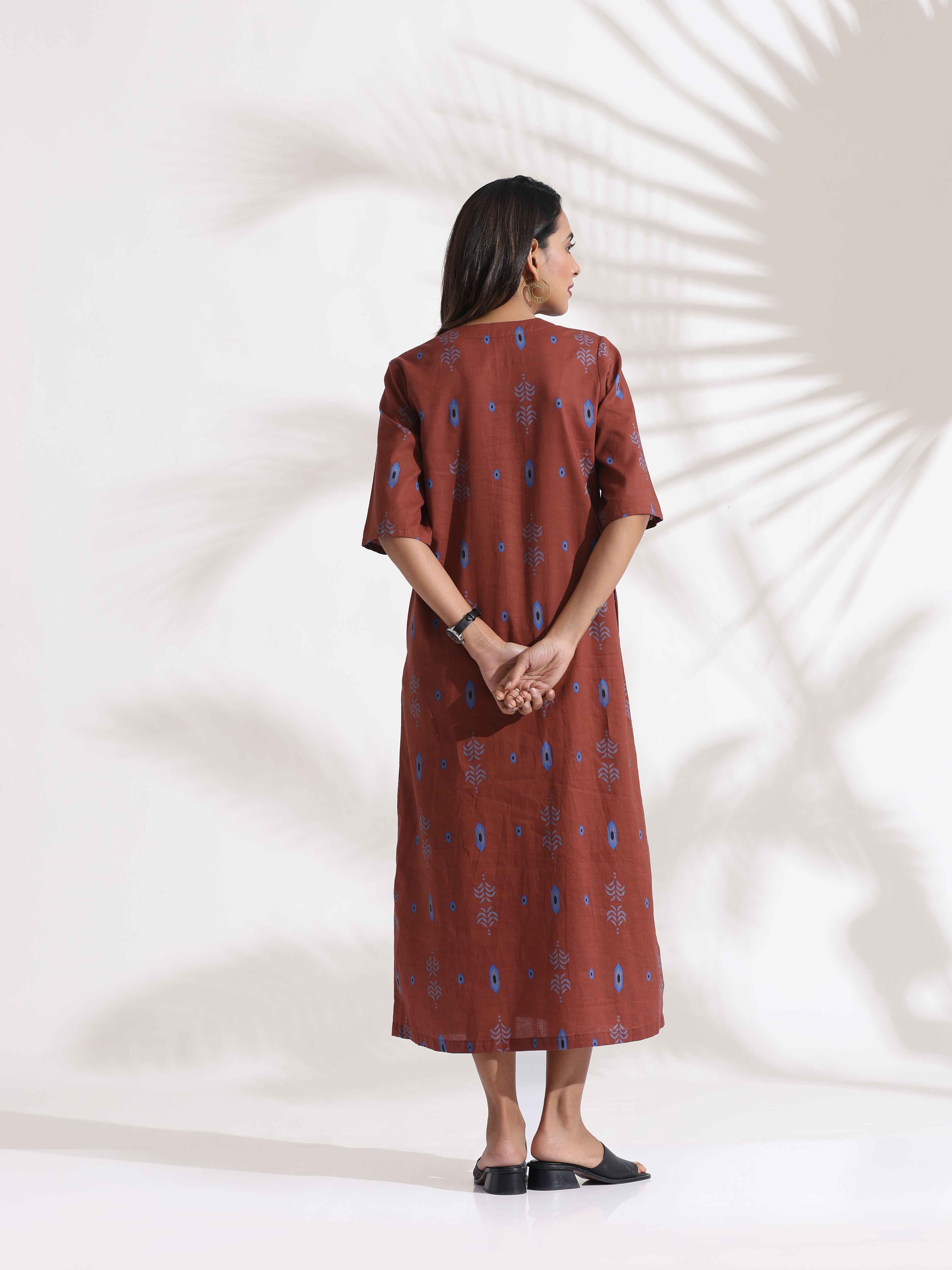 trueBrowns Brown Cotton Print pleated Dress