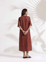 Thumbnail for trueBrowns Brown Cotton Print pleated Dress