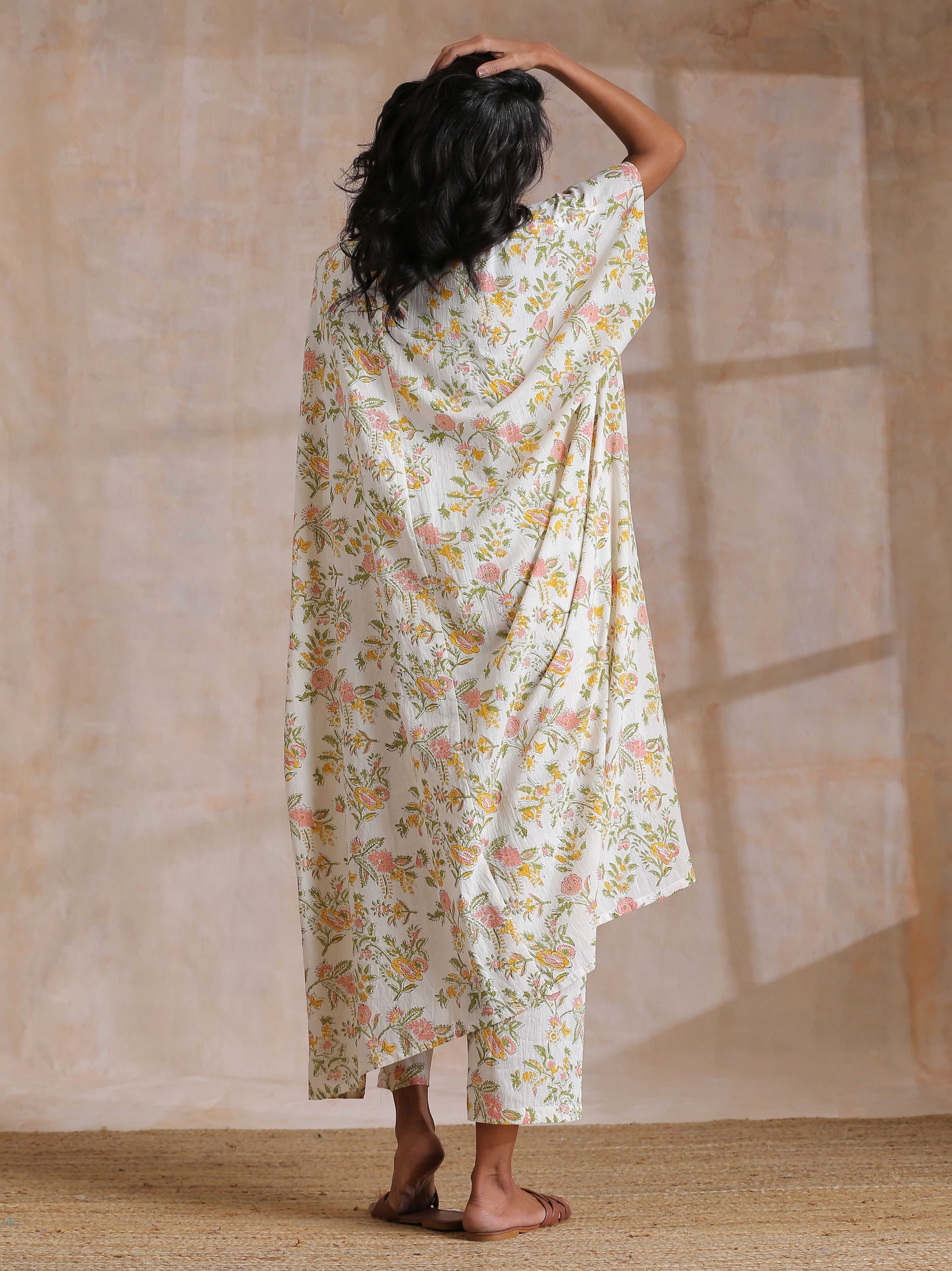 trueBrowns Pink Yellow Floral On White Block Print Cotton Panel Kaftan Kurta Pant Set - Distacart