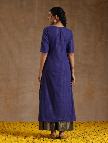 trueBrowns Spectrum Blue Gold Cotton High Slit Kurta Set - Distacart