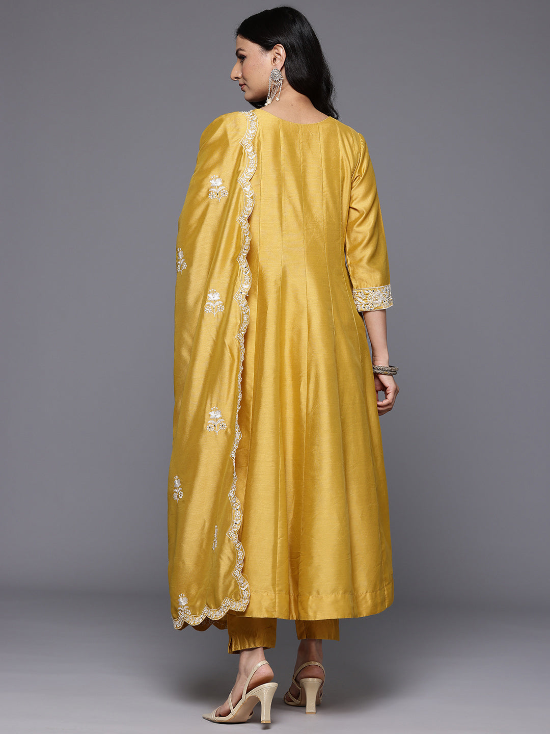 Varanga Women Yellow Floral Thread Embroidered Anarkali Kurta Paired With Bottom And Dupatta - Distacart