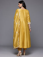 Thumbnail for Varanga Women Yellow Floral Thread Embroidered Anarkali Kurta Paired With Bottom And Dupatta - Distacart