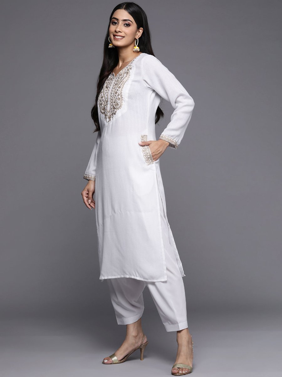 Ahalyaa Women White Ethnic Motifs Embroidered Aari Work Pashmina Kurta with Salwar & With Dupatta - Distacart