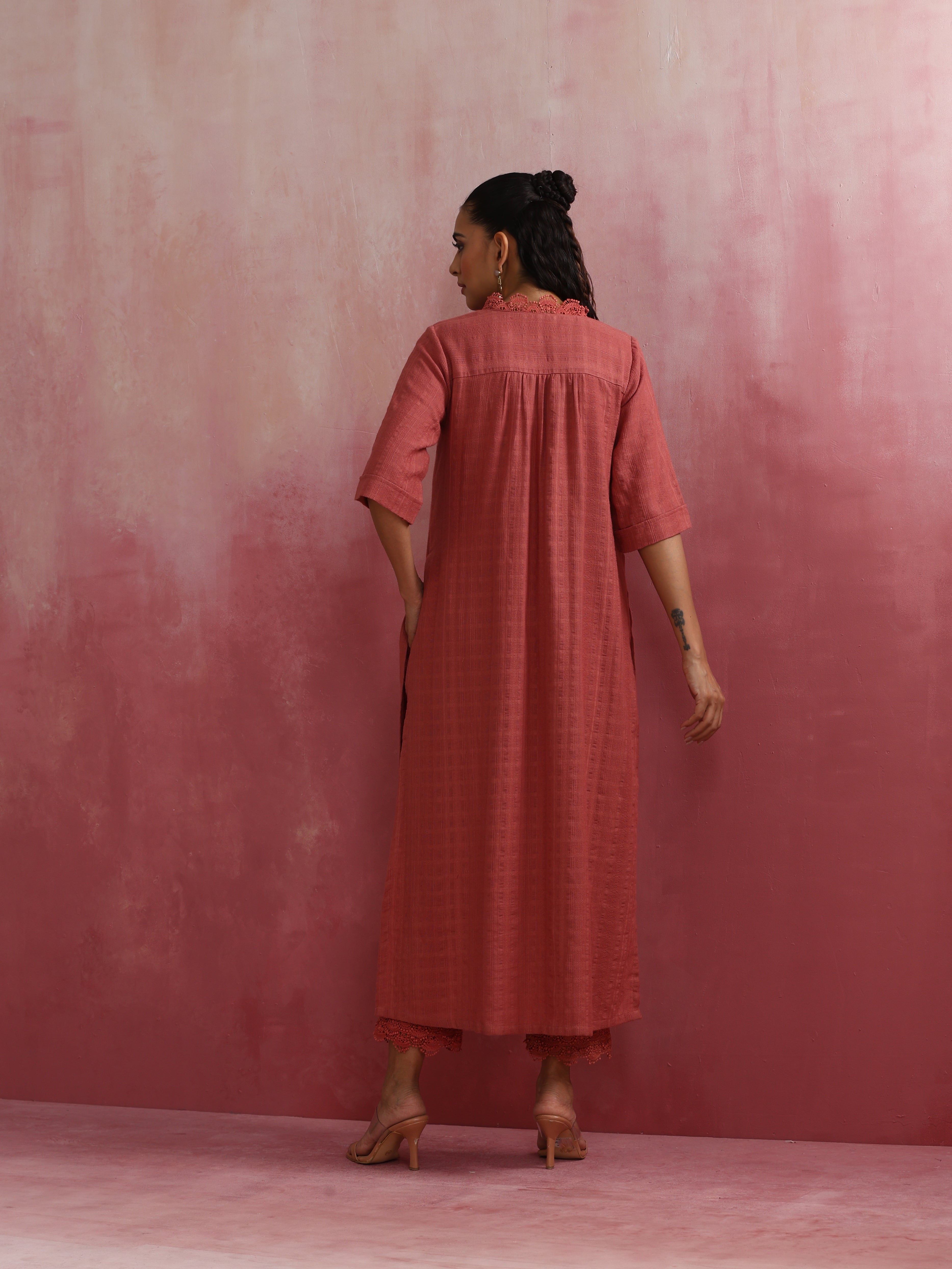 trueBrowns Peach High low Cotton Dobby Kurta Set - Distacart