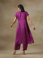 Thumbnail for trueBrowns Purple Bandhani Printed Silk Drop Shoulder Kurta Pant Set - Distacart