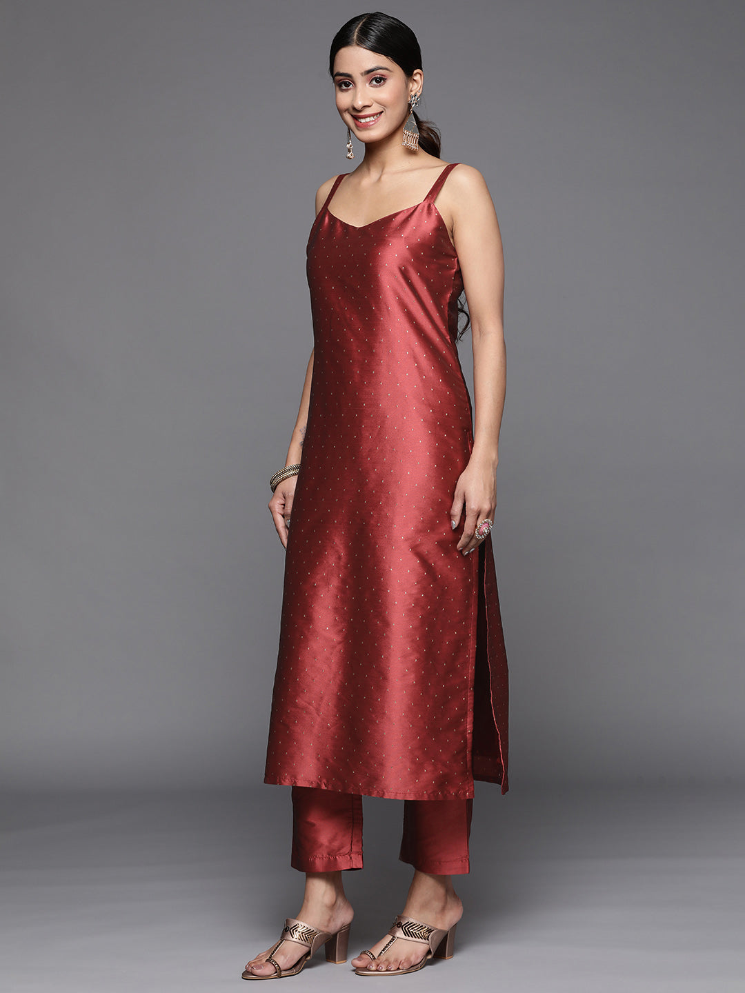 Varanga Women Burgundy Strap Kurta With Tonal Bottom And Tonal Dupatta - Distacart