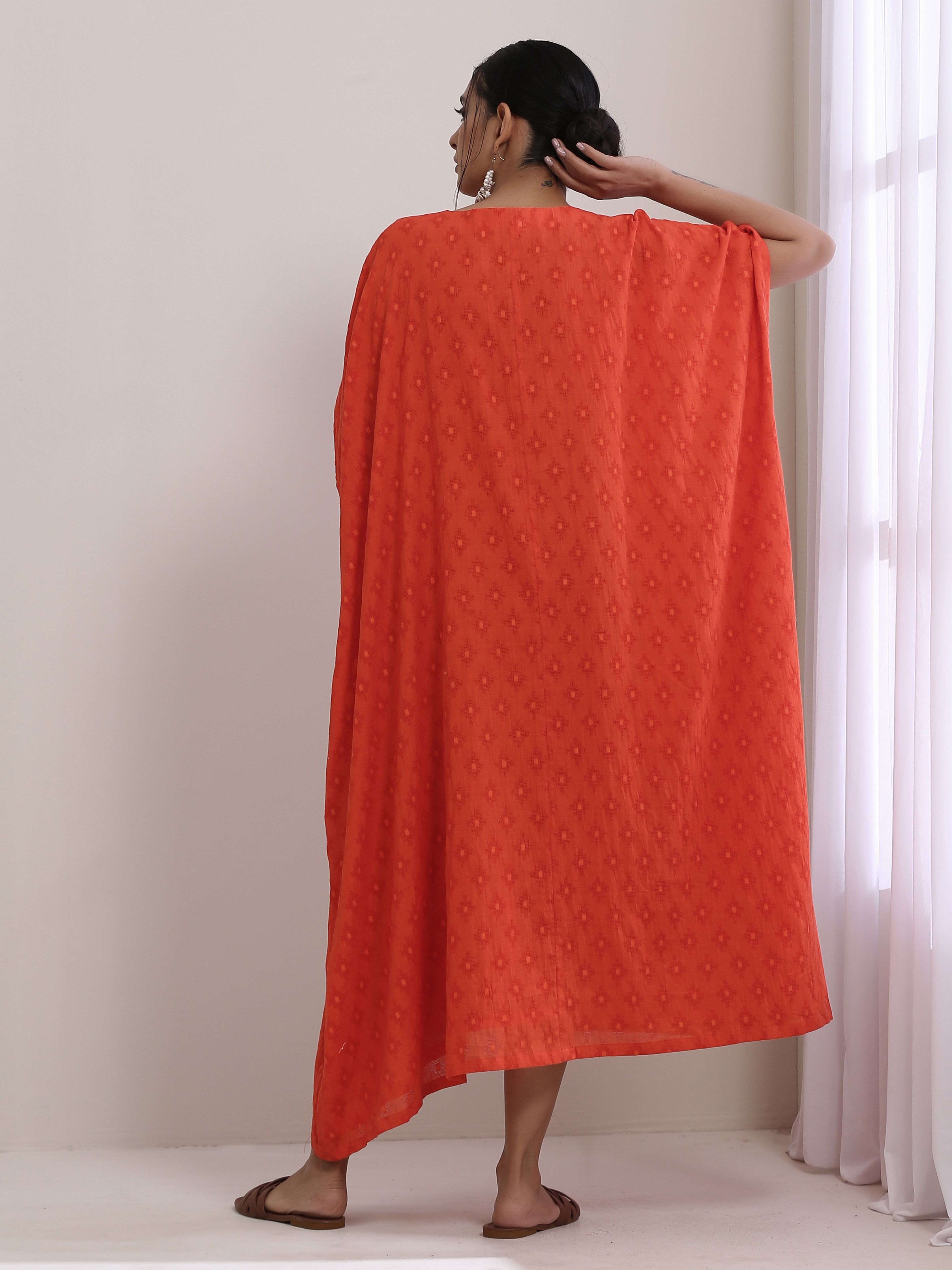trueBrowns Orange Dobby Panel Kaftan Dress - Distacart