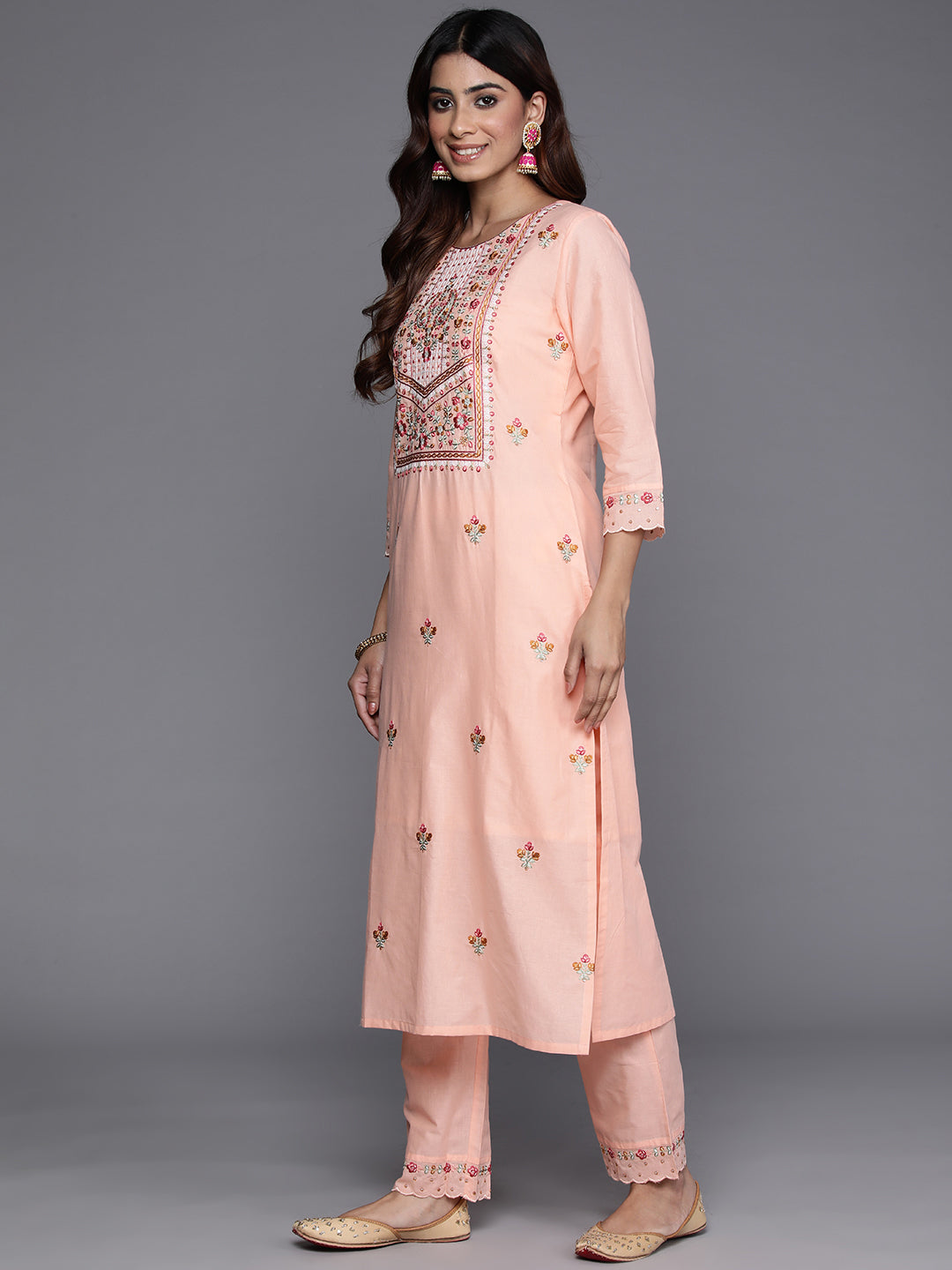 Varanga Women Peach Thread And Sequins Embroidered Kurta With Tonal Bottom And Dupatta - Distacart