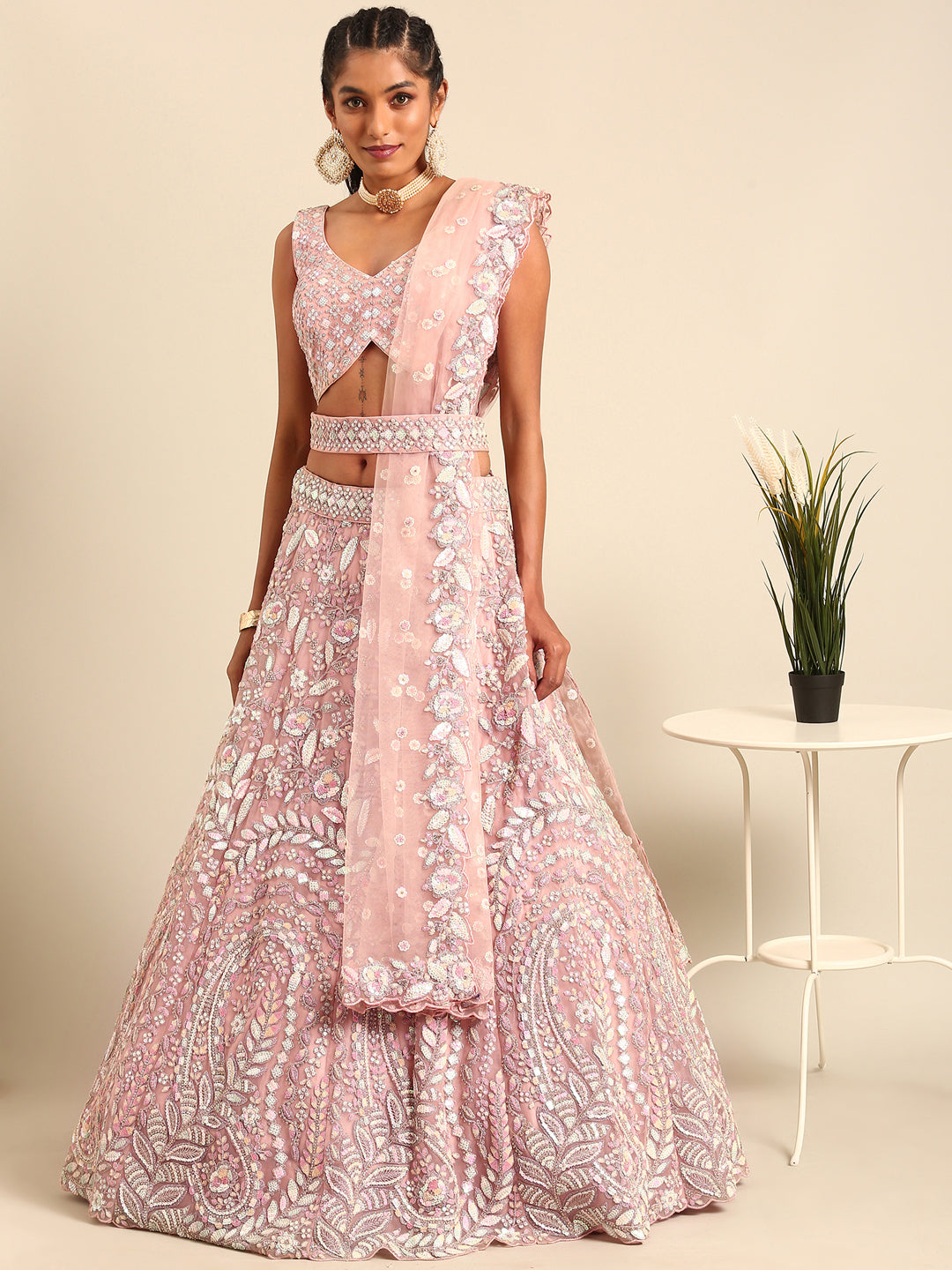 House of Panchhi Pink Net Multi Sequins with heavy Zarkan embroidery Lehenga choli & Dupatta - Distacart