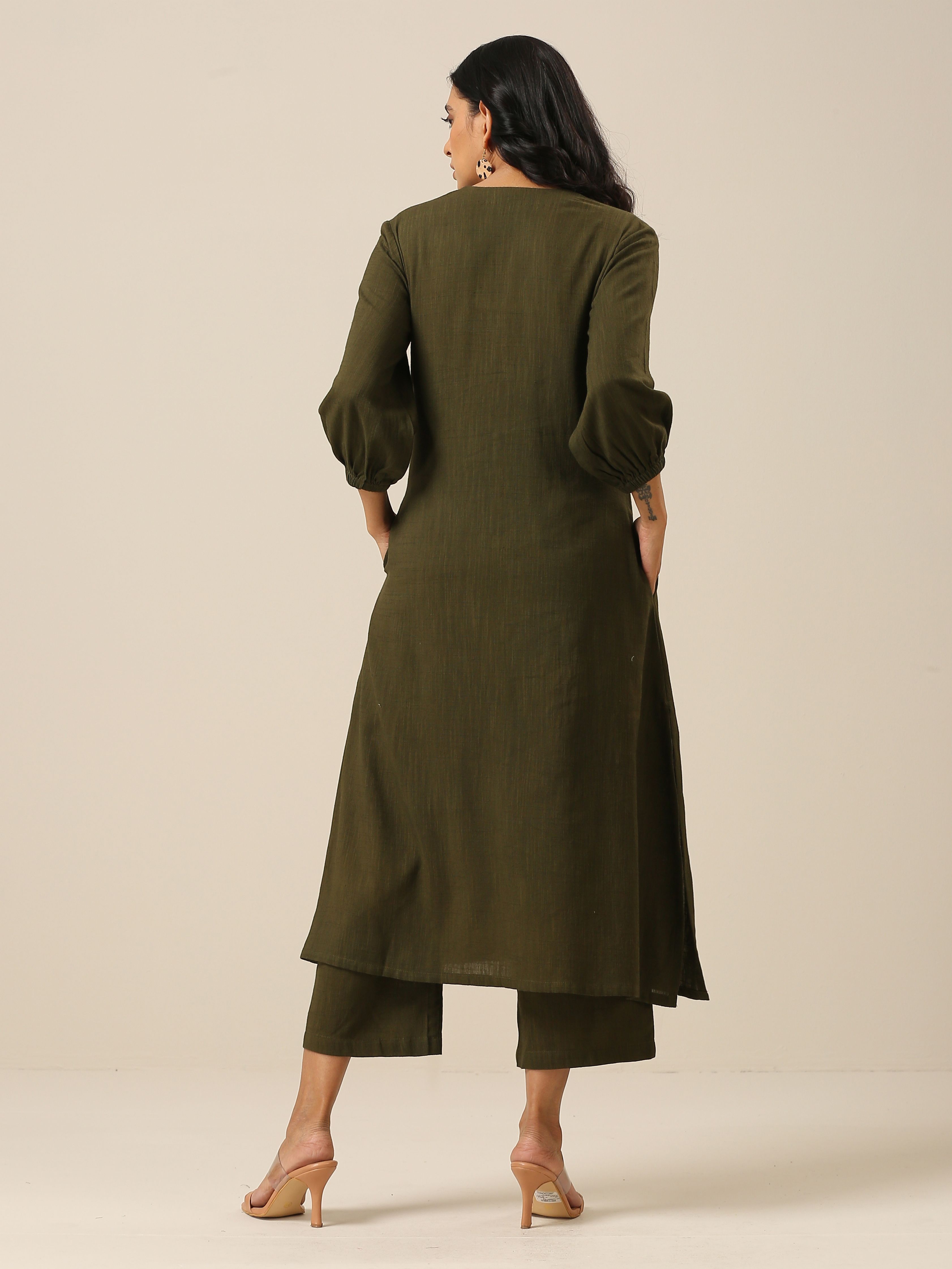 trueBrowns Olive Green Slub Texture Kurta Pant Set - Distacart