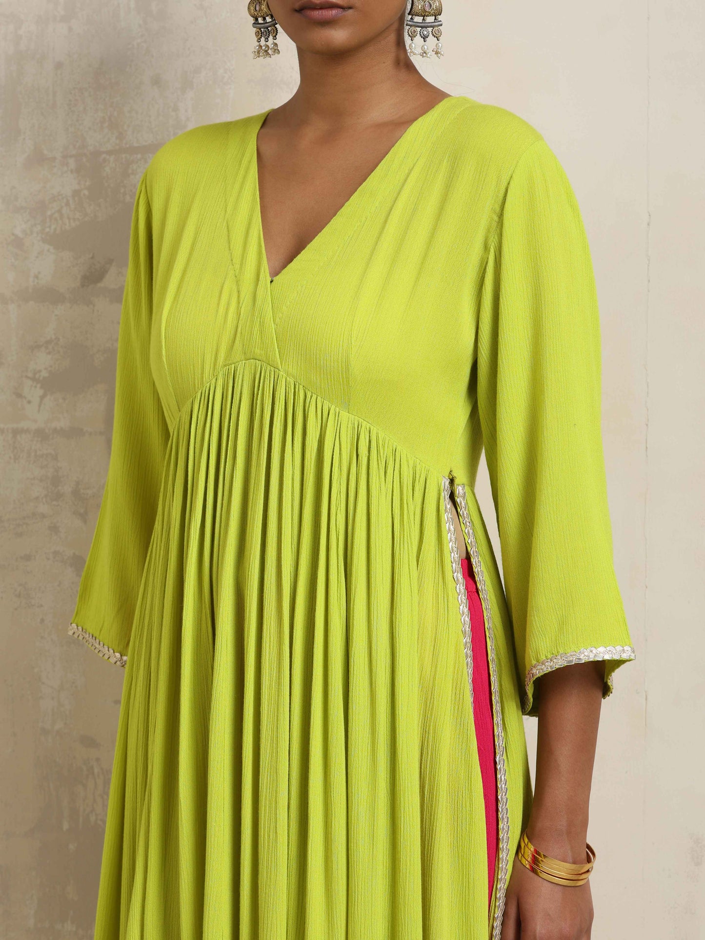 trueBrowns Lime Crinkle Anarkali Flared Kurta Set - Distacart