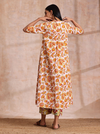 trueBrowns Red Overall Floral On White Cotton Block Print Kurta Pant Set - Distacart
