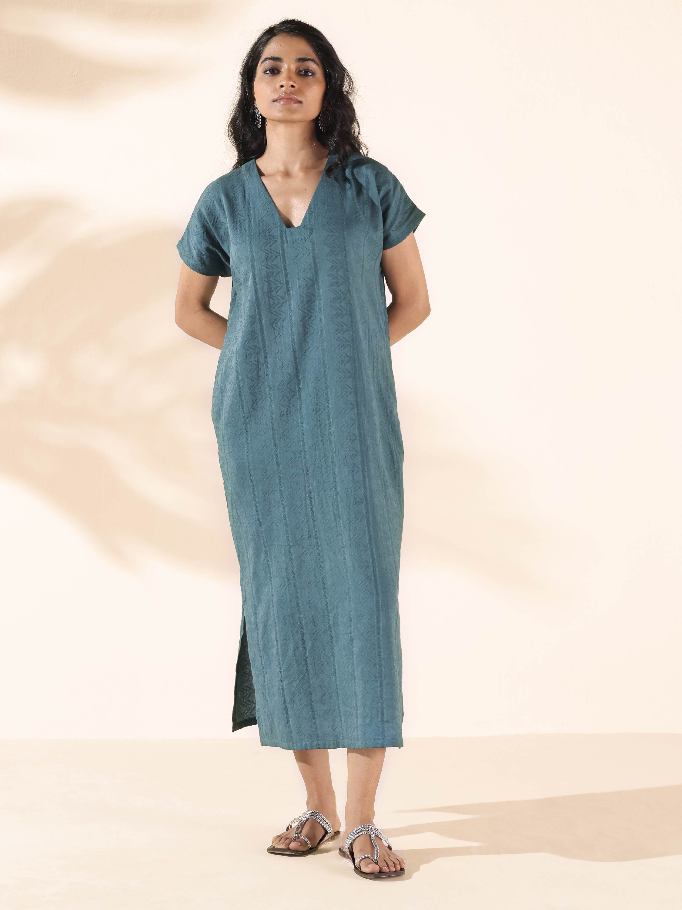 trueBrowns Turquoise Cotton Dobby Dress - Distacart