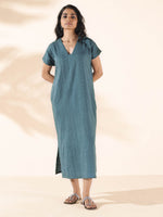 Thumbnail for trueBrowns Turquoise Cotton Dobby Dress - Distacart