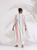 Thumbnail for trueBrowns Off-White Cotton Multi Stripe Flared Kurta Set