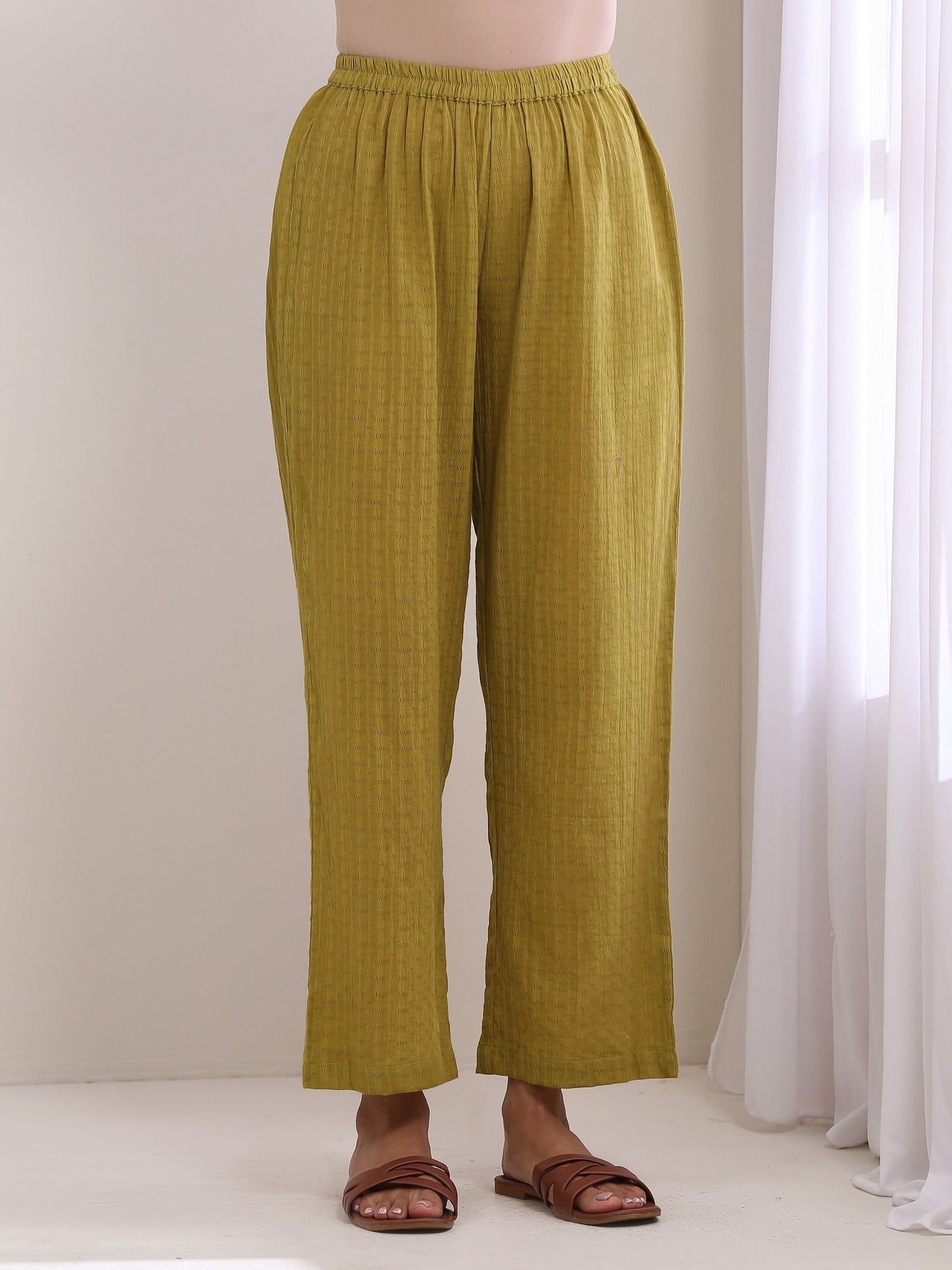trueBrowns Avacado Green Dobby Flared Slit Kurta Pant Set - Distacart