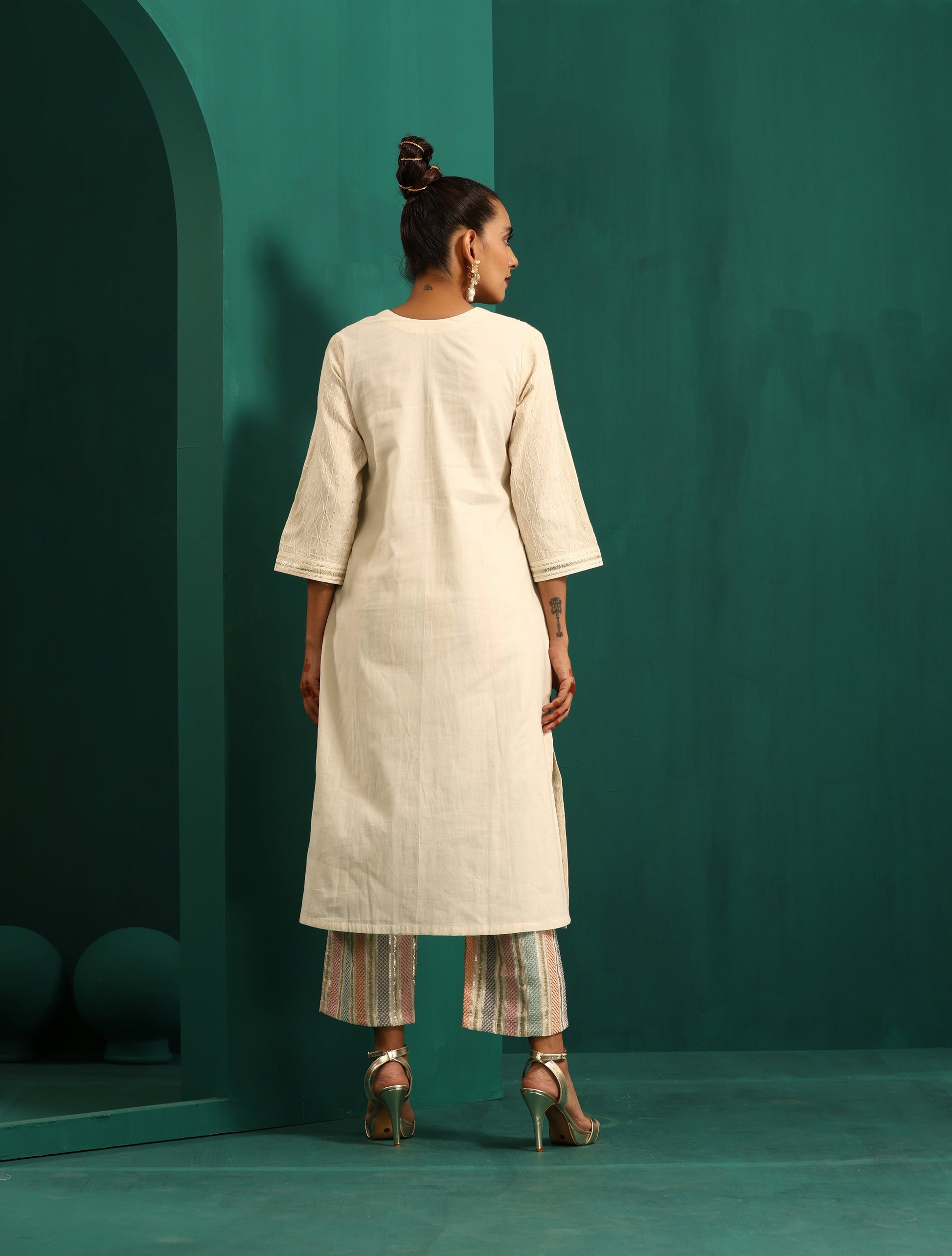 trueBrowns Ivory Tonal Cotton Kurta with Embroidered Pants - Distacart