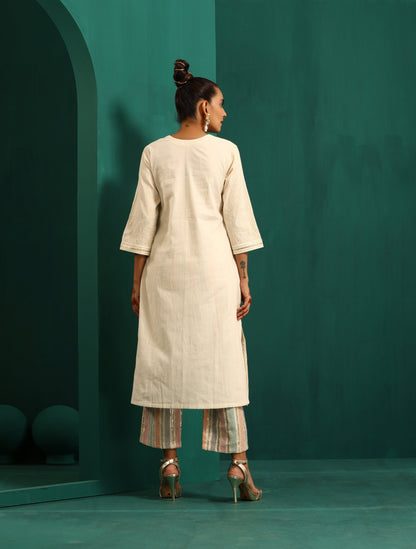 trueBrowns Ivory Tonal Cotton Kurta with Embroidered Pants - Distacart