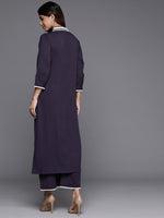 Thumbnail for Varanga Women Navy Blue Cotton Lace Detailed Kurta Set - Distacart