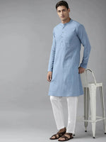 Thumbnail for Fabmade Men Blue Cotton Linen Kurta