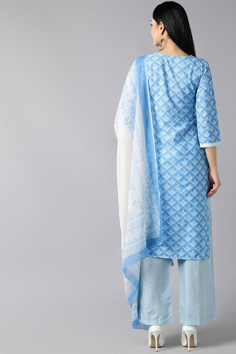 Ahika Sky Blue Polyester Straight Kurta Palazzo With Dupatta