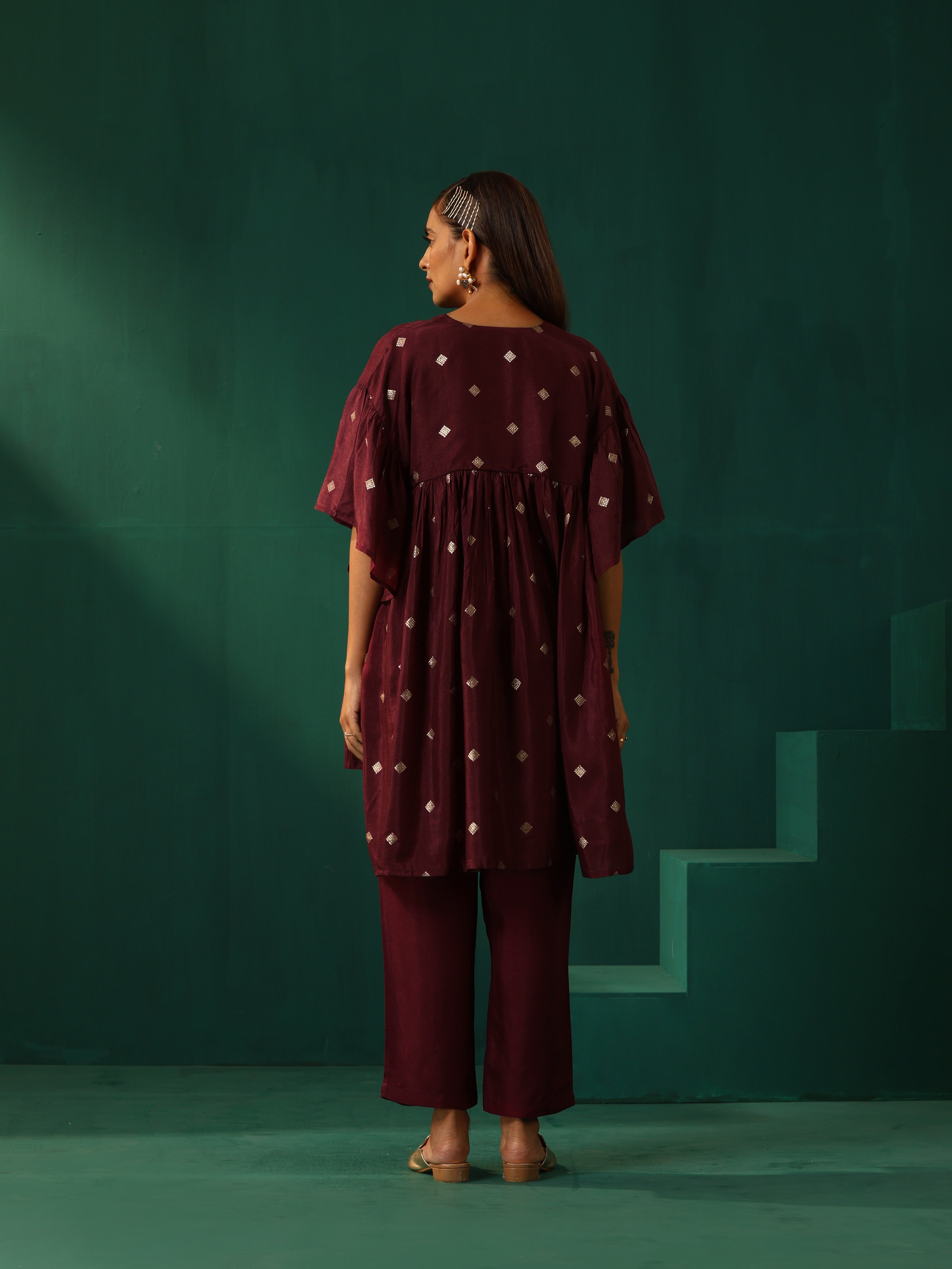 trueBrowns Wine Diamond Viscose Silk Waist Sleeve Gathered Co-ord Set - Distacart