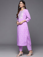 Thumbnail for Varanga Women Lavender Floral Printed Embroidered Kurta Paired With Bottom And Dupatta - Distacart