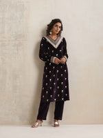 Thumbnail for trueBrowns Wine Velvet Floral Embroidered Kurta Pant Dupatta Set - Distacart