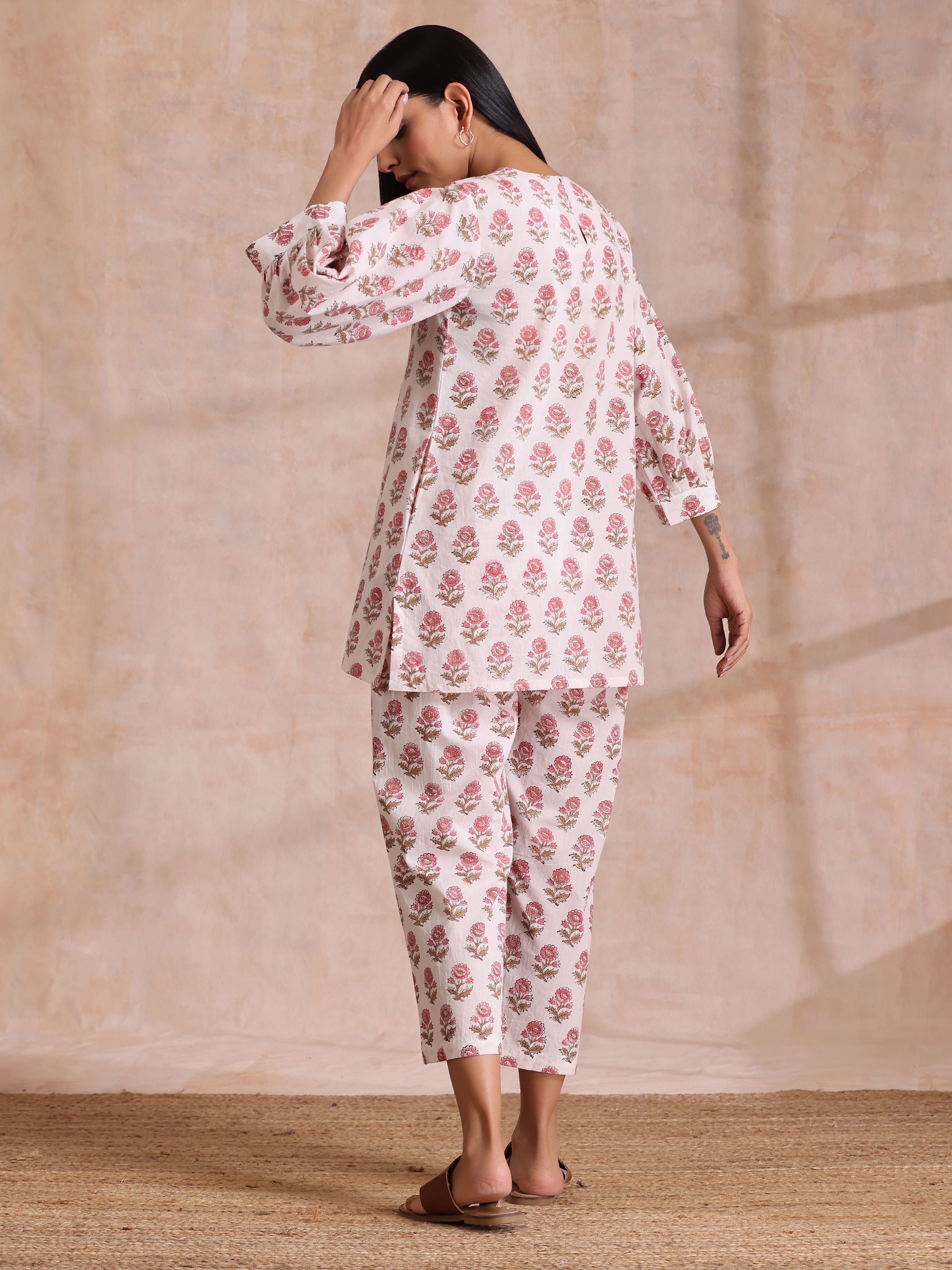 trueBrowns Pink Brown Buta On White Block Print Cotton Baggy Sleeve Co-Ord Set - Distacart
