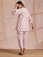 Thumbnail for trueBrowns Pink Brown Buta On White Block Print Cotton Baggy Sleeve Co-Ord Set - Distacart