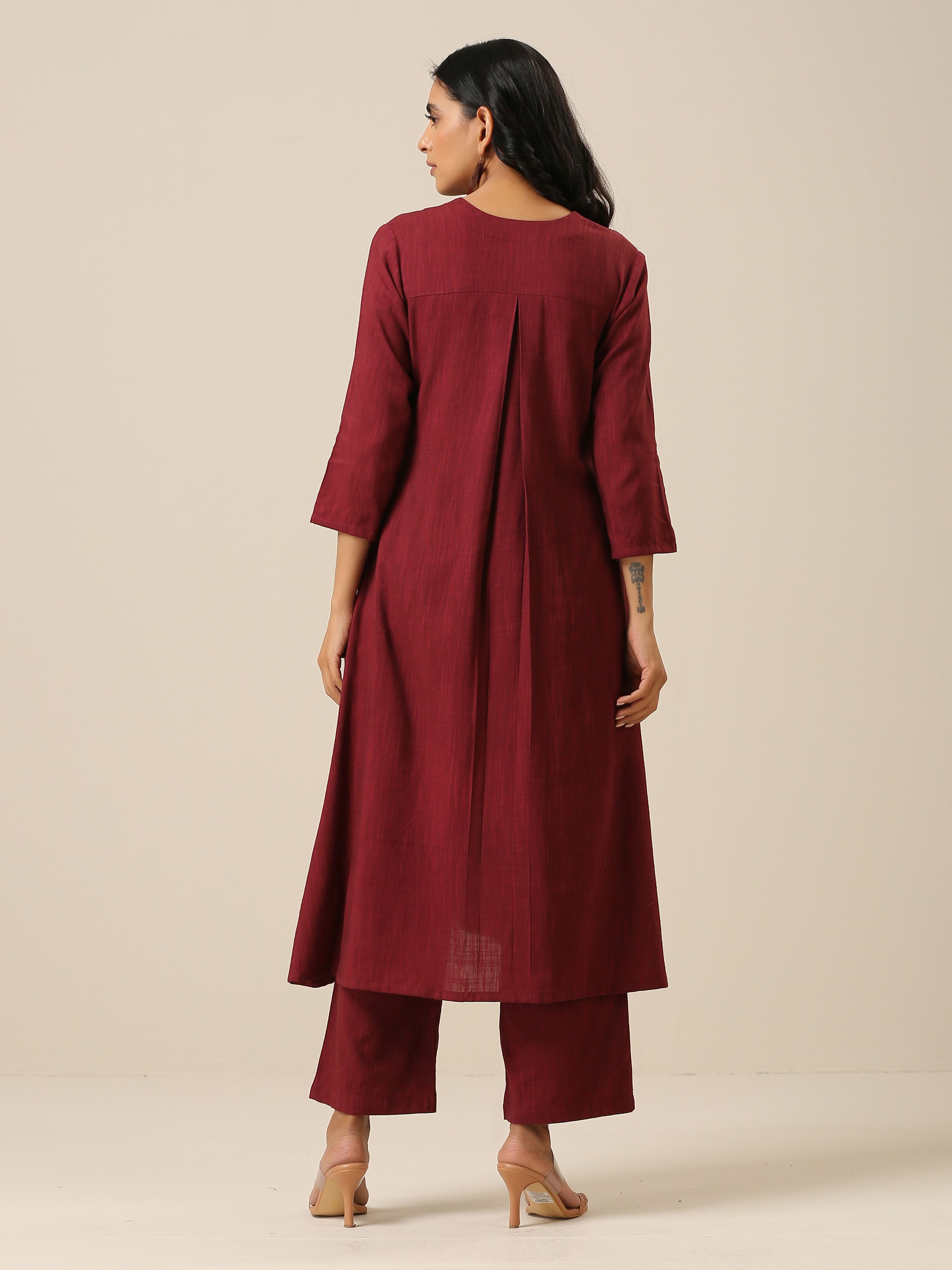 trueBrowns Ruby Wine Slub Texture Back Pleat Kurta Pant Set - Distacart