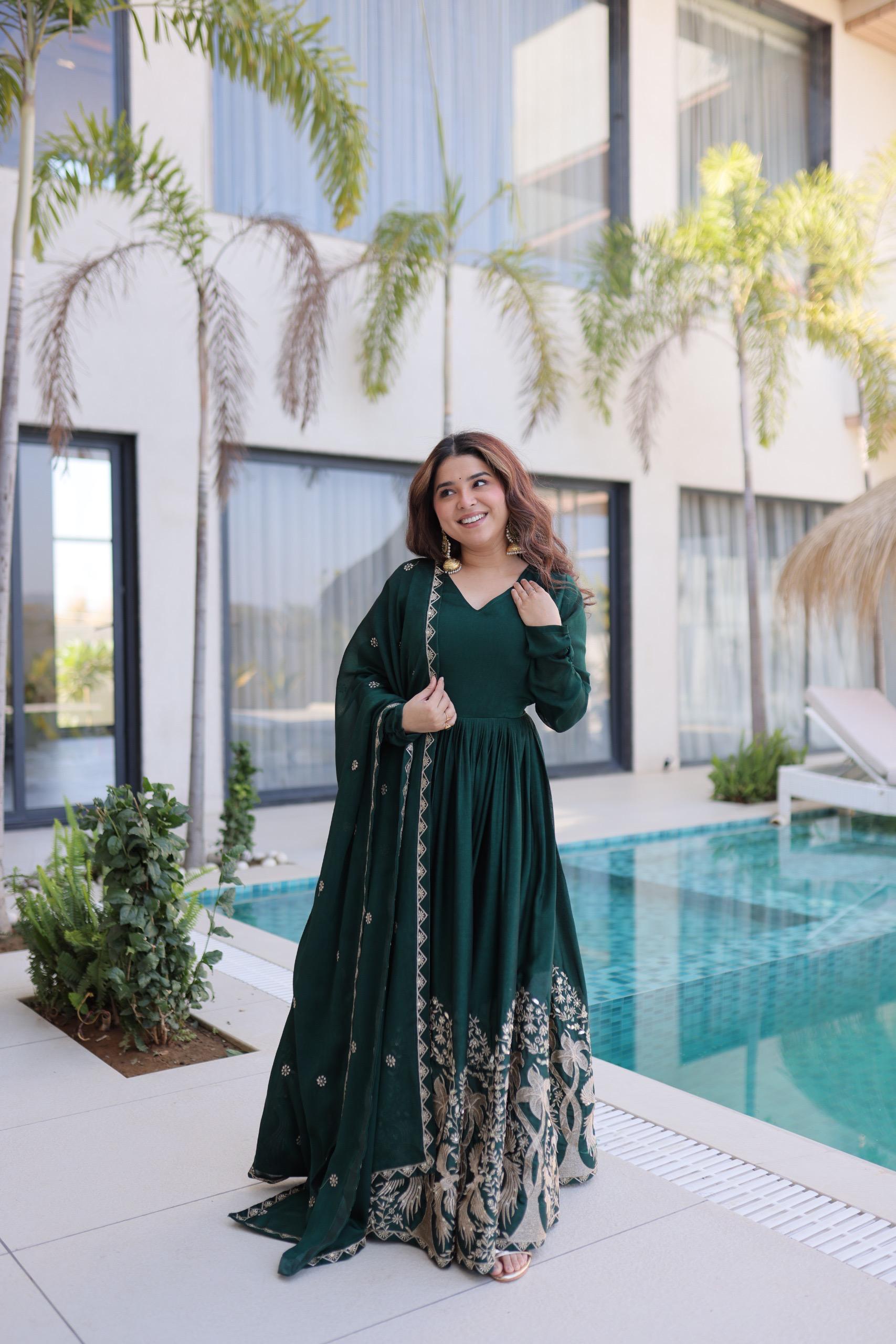 Anaita Emerald Silk Readymade Anarkali Suit with Embroidery & Sequence Work - Dista